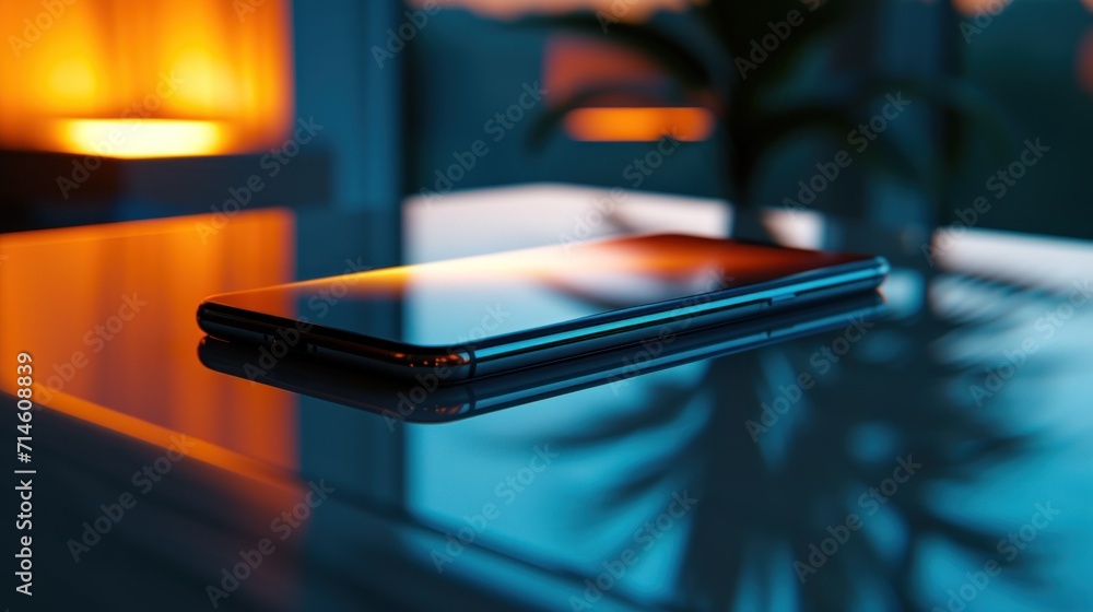 Poster a close up of a cell phone on a table in front of a window with a potted plant in the foreground and