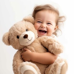 cute little baby toddler hugging teddy bear stuffed toy laughing in joy with on white background