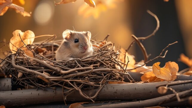  a hamster sitting in a nest on top of a pile of branches with leaves on the ground and a branch in front of it that has fallen leaves on the ground.