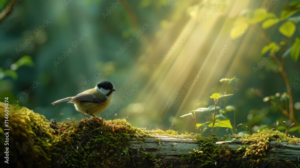 Poster a small bird perched on top of a moss covered tree branch in the middle of a forest with the sun shi