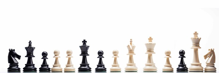 chess game isolated on white panorama background, symbolic concept banner for confrontation strategy competition or kick off