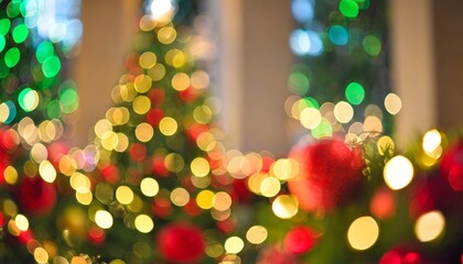 Fototapeta na wymiar colorful red yellow and green christmas tree bokeh background of de focused glittering lights