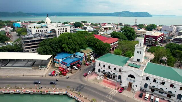 Iloilo City, Philippines - Aerial flyby of Aduana de Iloilo or Iloilo Customs House, and the nearby city hall.