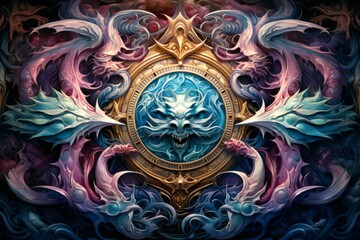 Fototapeta premium Whirling kaleidoscope dragons, casting mesmerizing patterns with their scales - Generative AI