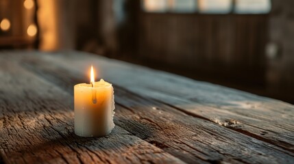 Obraz na płótnie Canvas a lit candle on a wooden table in a dark room with a window in the back ground and a wooden table with a wooden table with a candle on it.