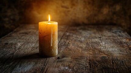  a lit candle on a wooden table with a light coming from the top of the candle in the middle of the candle is on a wooden table with a dark background.