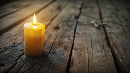  a yellow candle sitting on top of a wooden table next to a string of string on top of a piece of wood with a light coming from the end of the candle.