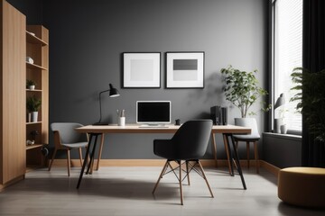 Scandinavian interior home design of modern workplace with home workplace and wooden table and chairs with dark wall