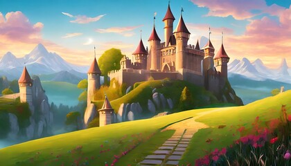 fantasy fairy tale castle land land in a fantastic nrealisticnstyle digital artwork concept illustration for poster wallpaper video games background - obrazy, fototapety, plakaty