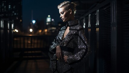 Urban Elegance: High Fashion Model in Avant-Garde Attire Against Cityscape