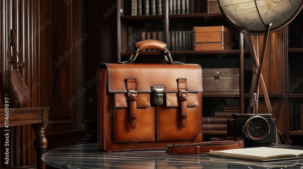 Poster a brown leather briefcase sitting on top of a table next to a clock and bookshelf with a globe on to