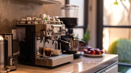  an espresso machine sitting on top of a counter next to a plate of fruit and a cup of coffee on a saucer next to the espresso machine.