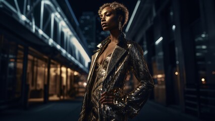 Urban Elegance: High Fashion Model in Avant-Garde Attire Against Cityscape