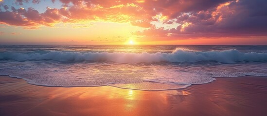 Stunning sunset beach scene with serene waves and captivating sky, perfect for meditation wallpaper. - obrazy, fototapety, plakaty