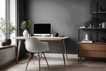 Scandinavian interior home design of modern workplace with home workplace and wooden table and chairs with dark wall