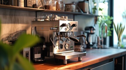  an espresso machine sitting on top of a counter next to a potted plant and a potted plant on the side of a shelf in a kitchen.