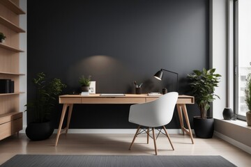 Scandinavian interior home design of modern workplace with home workplace and wooden table and chairs with dark wall