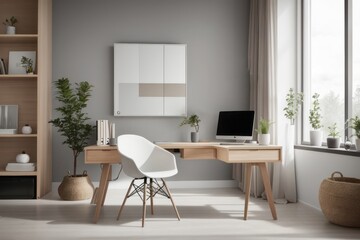 Scandinavian interior home design of modern workplace with home workplace and wooden table and chairs with gray wall near the window