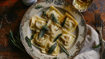  a plate of ravioli with sage leaves on a table with a glass of wine and a fork on the side of the plate and a napkin on the table.
