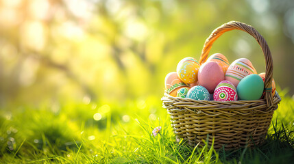 Easter Basket Filled With Colorful Eggs, Spring Flowers, and Seasonal Decorations on Green Grass and Sunny Spring Background