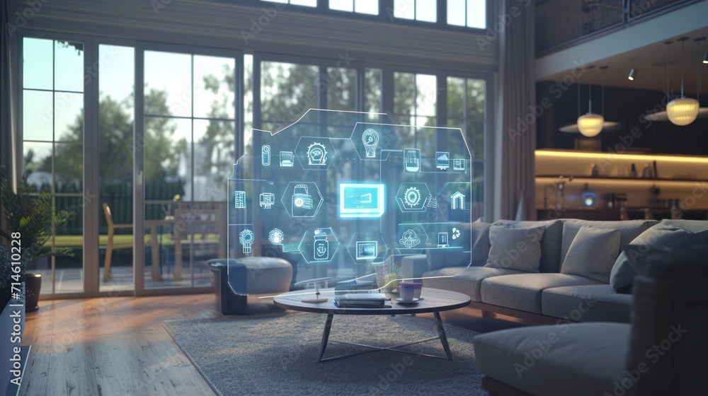 Poster a living room with a couch and a table with a lot of icons on it in front of a large window with a v