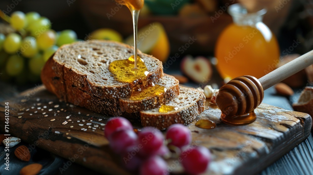Poster a close up of a piece of bread on a cutting board with a honey drizzle on top of it and some grapes 