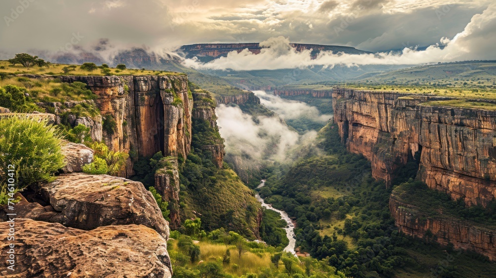 Poster a scenic view of a valley with a river in the middle of it and mountains in the distance with clouds
