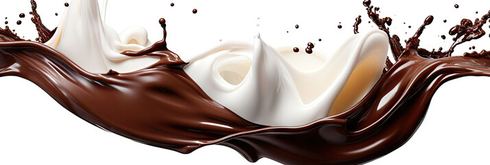 Splash of chocolate and white milk flow mixed on white background - obrazy, fototapety, plakaty