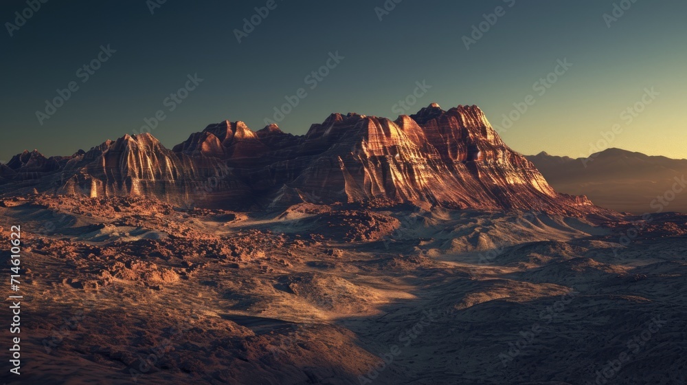 Poster a group of mountains in the distance with a sun setting in the middle of the picture and a few cloud