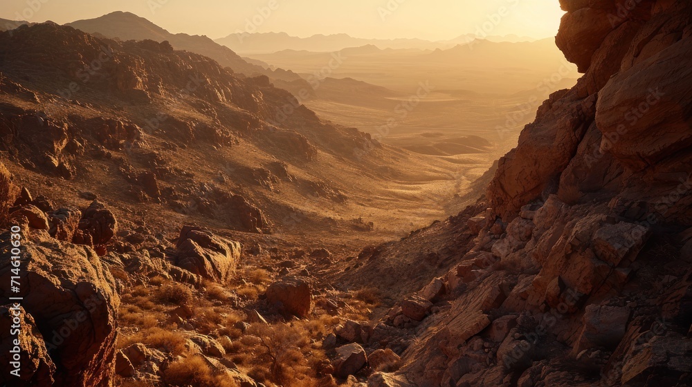 Poster the sun is setting in the desert with rocks and grass in the foreground and a rocky outcropping on t