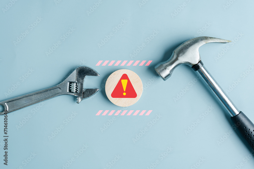 Aufkleber Maintenance Fixing System warning on internet or caution sign symbol. Notification error. cyber attack on computer network. Cybersecurity vulnerability, data breach, illegal connection.