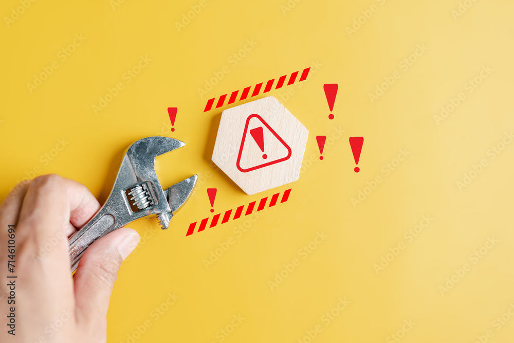 Aufkleber Maintenance Fixing System warning on internet or caution sign symbol. Notification error. cyber attack on computer network. Cybersecurity vulnerability, data breach, illegal connection.