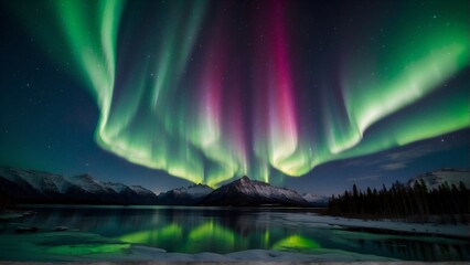 Arctic symphony. The enchanting beauty of the Aurora Borealis dances above a serene lake surrounded by snow-capped mountains, under the night sky