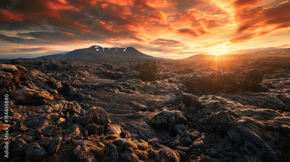 Poster the sun sets over a rocky landscape with a mountain range in the distance in the distance is a red s