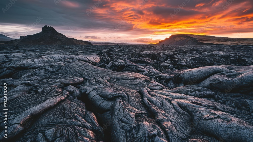 Poster the sun is setting over a rocky area with large rocks and a large rock formation in the foreground a
