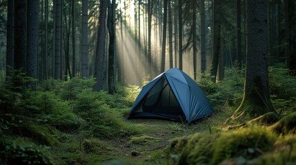 camping tent in the middle of the forest - obrazy, fototapety, plakaty
