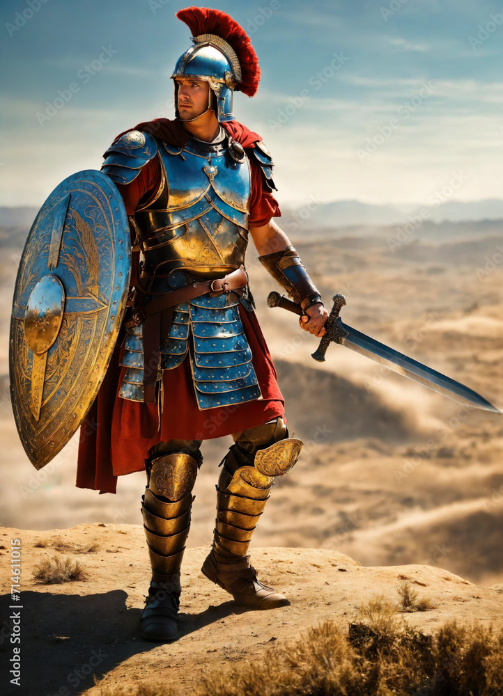 Wall mural roman male legionary (legionaries) wear helmet with crest, long sword and scutum shield, heavy infan