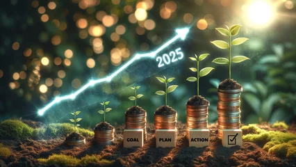Tuinposter Conceptual Growth and Success Strategy for 2025 ,An inspiring concept image of plant shoots growing from ascending coin stacks, labeled with the stages of goal, plan, and action leading to success  © Sawanee