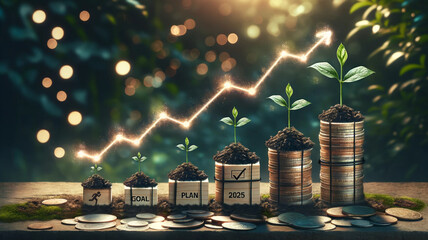 Conceptual Growth and Success Strategy for 2025 ,An inspiring concept image of plant shoots growing from ascending coin stacks, labeled with the stages of goal, plan, and action leading to success  - obrazy, fototapety, plakaty