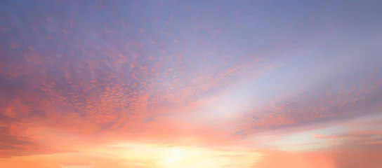 Fotobehang Blue Blurry soft panorama sunset sky background with red pink sun light clouds © Kamlesh Kungiri