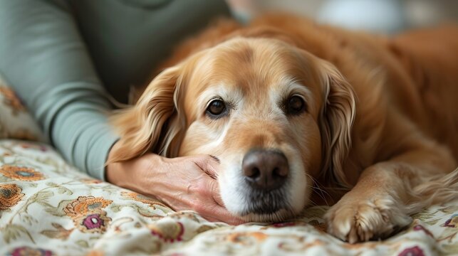 dog sleeping in bed, a heartwarming image of a Golden Retriever participating in a therapy dog program, bringing comfort and happiness to those in need