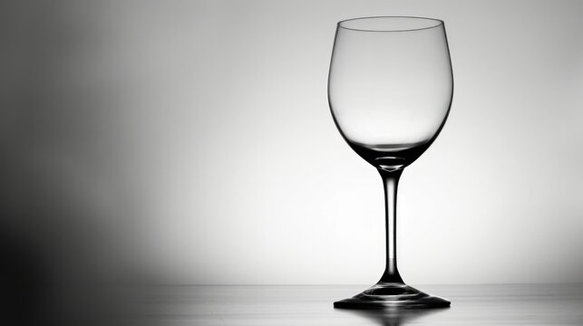  a wine glass sitting on a table in a black and white photo with a reflection of the wine glass on the table and the wine glass in the foreground.