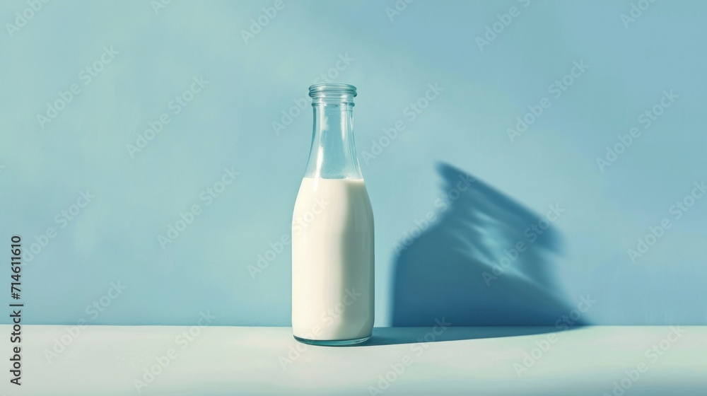 Poster a bottle of milk on a table with a shadow of a person's head on the side of the bottle and a shadow 