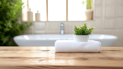 White bathroom interior. Empty wooden table  with white towels on  with copy space on blurred bathroom background - obrazy, fototapety, plakaty