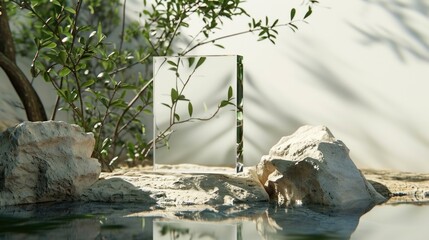 Obraz premium a mirror sitting on top of a body of water next to a rock and a small tree in the middle of a pond with rocks and a tree in the background.
