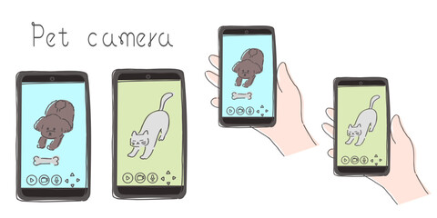 スマートフォンに映し出されるペットカメラの映像とそれを持つ手のイラスト