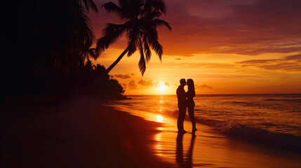 Fototapeta premium Silhouette of a couple in love on a tropical beach at sunset