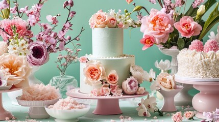 a table topped with a white cake covered in frosting and lots of pink and white flowers next to a vase of pink and white flowers on a blue background.