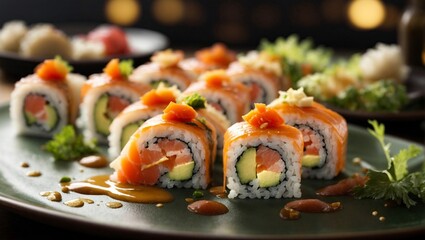 Sushi roll with salmon, avocado, cucumber and cream cheese