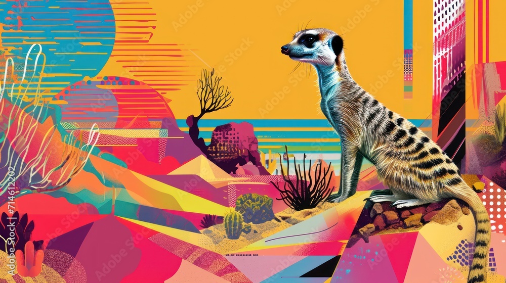 Poster a painting of a meerkat sitting on top of a rock in the middle of a desert with cactuses and cacti o